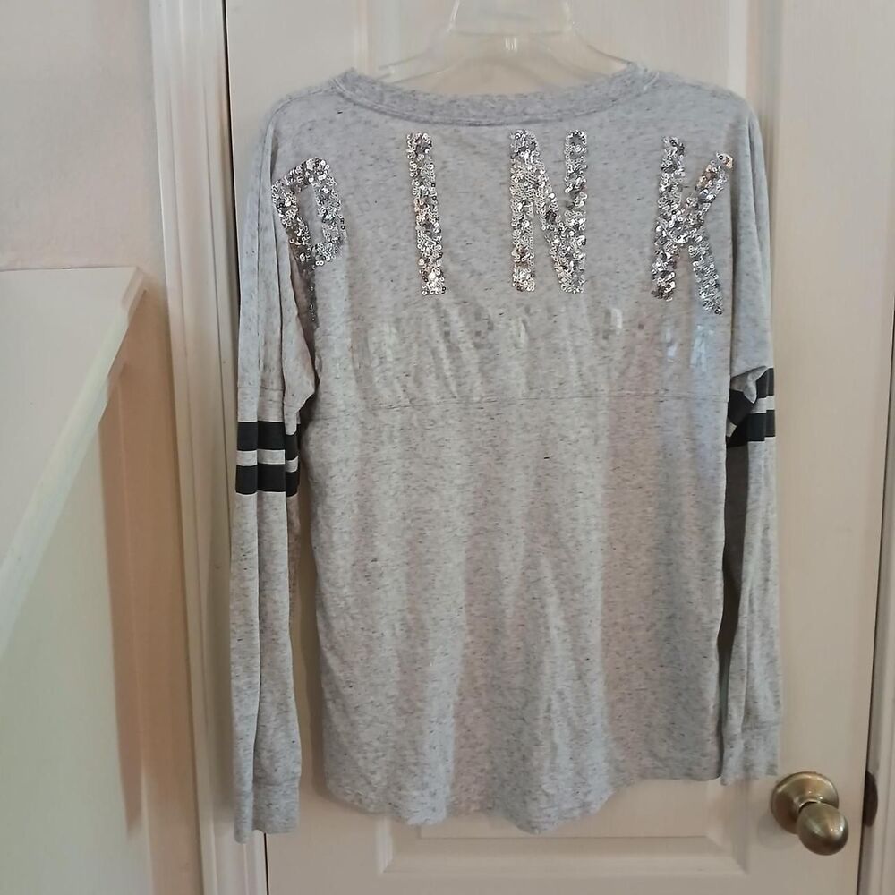 Victoria's Secret PINK Gray Long Sleeve Campus Tee Silver Sequin Mcbling Logo